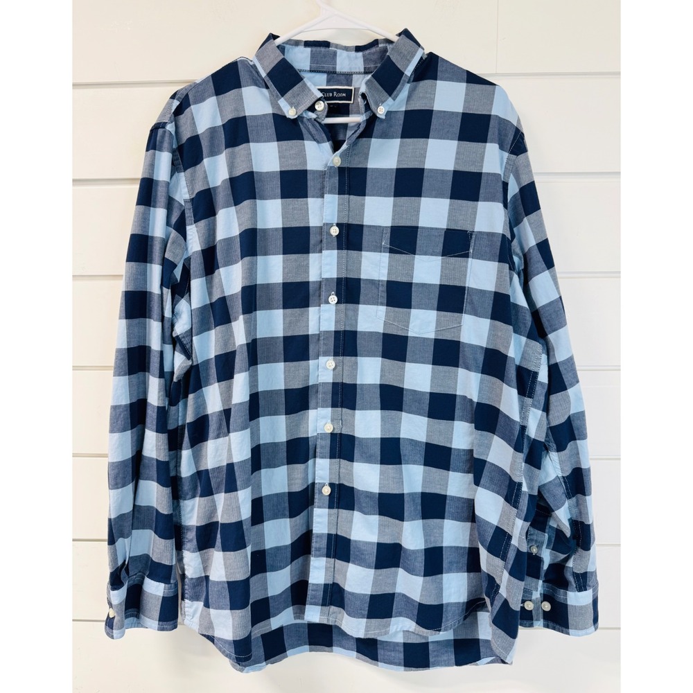 Club Room Mens Buffalo Check Button Down Shirt Blue Navy XL Stretch Long Sleeve